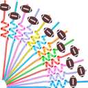 24 Pcs Football Party Favors Colorful Theme Drinking Straws Plastic Spiral Drinking Favors Reusable Fun Cute Silly Football Straws for Baby Shower Birthday Party Supplies