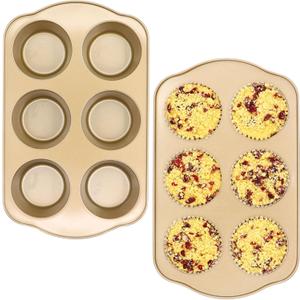 Jumbo Muffin Pan 2 Pack, Nonstick Large Cupcake Pan 6 Cup, Heavy Duty 0.5mm Thick Steel Big Muffin Tins for Baking, 3.5inch Dia, Gold