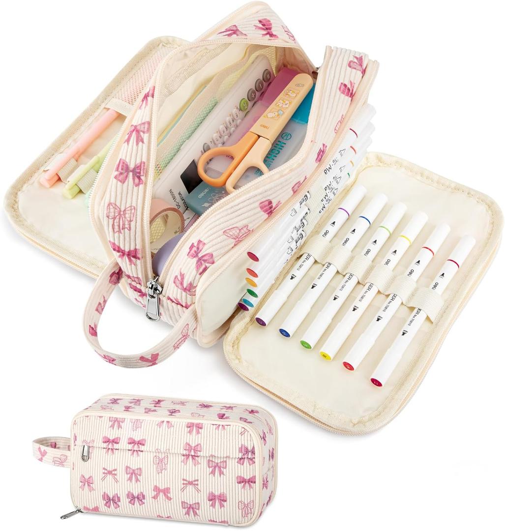 Cute Corduroy Pencil Case with Handle, Extra Large 4 Compartment Multiple Pockets Aesthetic Pencil Pouch Organizer for Teen Girls, School & College Supplies (Bow)
