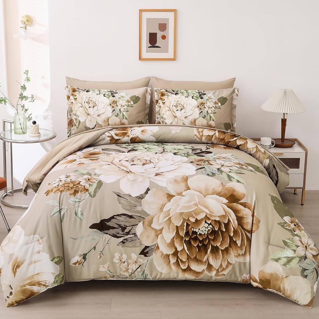 Dintszyayue Khaki Floral Comforter Set King Size 7 Pieces Bed in a Bag Elegant Flower Bedding Set for All Season with Flat Sheet, Fitted Sheet, Pillowcases & Shams