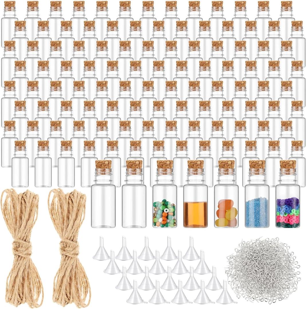 Bokon 100 Packs Mini Plastic Bottles with Corks Stoppers Eye Screws Funnels Small Potion Bottles Tiny Clear Sand Art Jar Wishing Vial for Birthday Party DIY Crafts Gift (1 x 2.28 Inch)