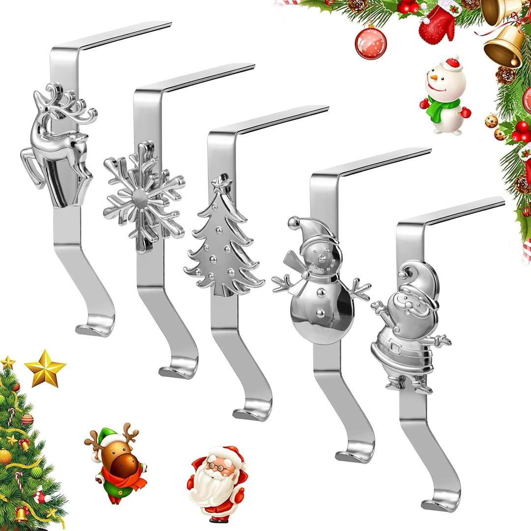 Stocking Holders for Mantle, Set of 5 Christmas Stocking Holders for Fireplace, Stocking Hangers for Mantel, Snowflake Reindeer Tree Santa Stocking Hooks for Christmas Mantel Decoration, Silver
