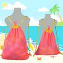 MUYIZI Mesh Beach Bag for Kids and Adults 2 Pack, Mesh Drawstring Backpack - Quick Dry Sand Free Beach Toy Bags Portable Sand Toy Bag Swimming Pool Accessories, Bags Only (Bright Pink), Large and Small