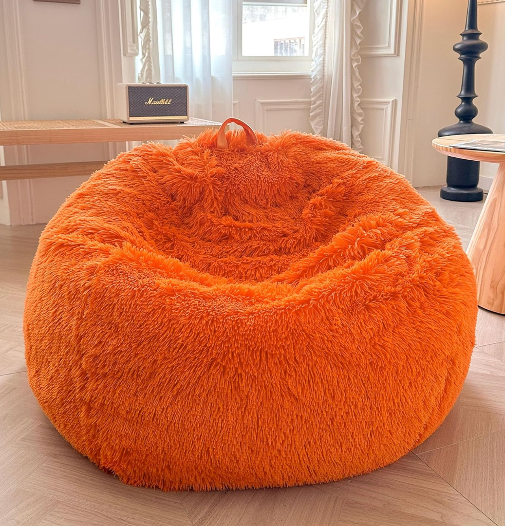XeGe Faux Fur Comfy Bean Bag Cover (No Filler), Fluffy Stuffed Animal Storage Bean Bag Chair Cover for Bedroom Home Decor, Furry Fuzzy Big Gaming Bean Bag Cover for Adults Kids, Anti-slip, Orange