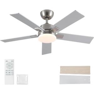 42 Inch Ceiling Fans with Lights and Remote, Brushed Nickel Ceiling Fan, 6 Speed Reversible DC Motor, 3CCT Dimmable LED, Modern Design for Bedroom, Living Room & Covered Outdoor,Includes Downrod