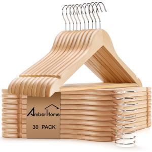 Amber Home 30 Pack Wooden Coat Hangers, Natural Wood Suit Hangers with Non-Slip Pant Bar, Clothes Hangers for Closet Organization, Shirts, Jackets, Dresses, and Pants (Natural, 30)