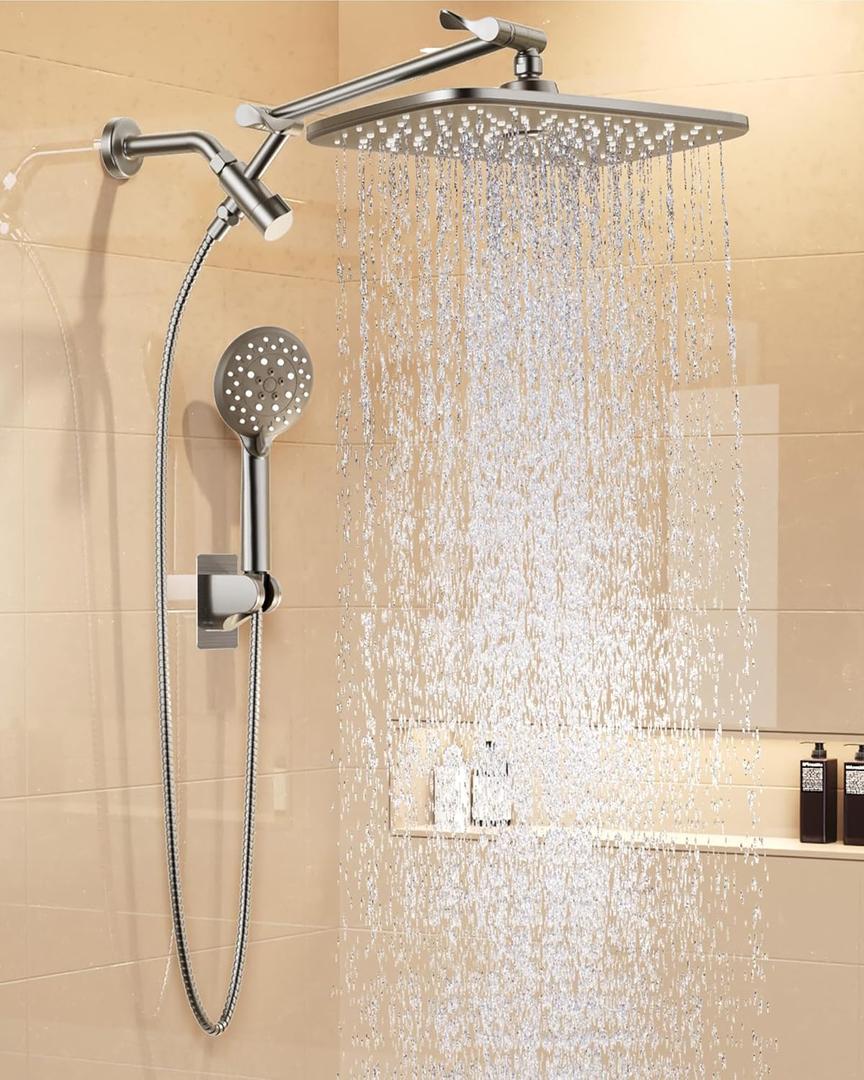 Veken 11.8" Brushed Nickel Rain Shower Head with Handheld, High Pressure Handheld Shower Heads with Multi Spray Modes,Rainfall Combo with 15" Metal Extension Arm,Detachable Dual Shower,Regaderas Para