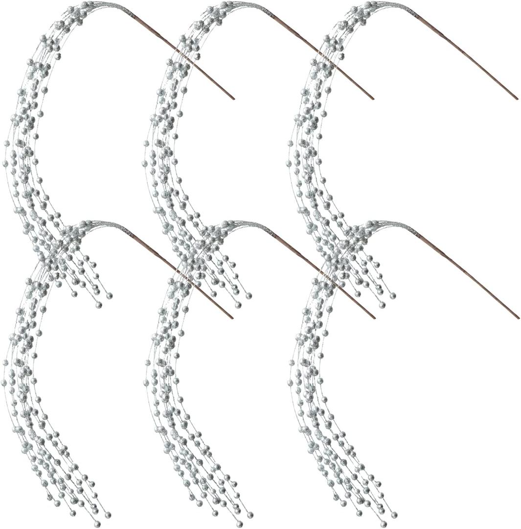 Glitter Christmas Picks Sprays Set of 6 Artificial Glitter Berry Stems Decorative Twigs Glittered Berry Picks for Xmas Tree Filler Branches Wreaths Garlands Craft Supplies Home Decor (6, Silver)