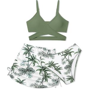 Girls Swimsuits 3 Piece Bathing Suit Allover Printed Criss Cross Bikini Set with Cover Up Skirt Beach Swimwear 7-16 Years (Green # Tropical Print, 15-16)