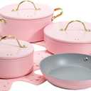 Paris Hilton Iconic Nonstick Pots and Pans Set, Multi-layer Nonstick Coating, Matching Lids With Gold Handles, Made without PFOA, Dishwasher Safe Cookware Set, 10-Piece, Pink