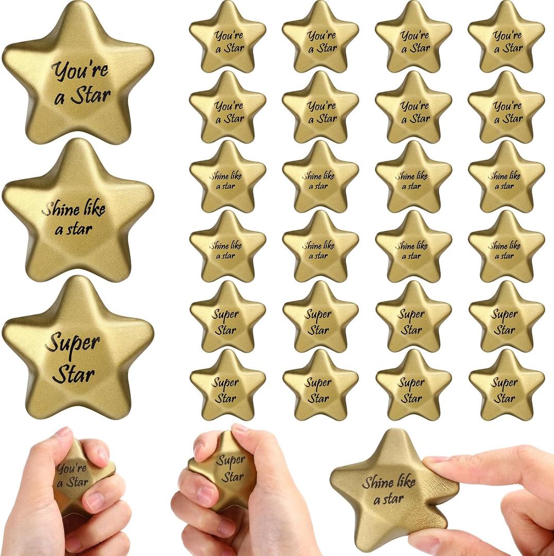 Soulchen 24 Pcs Star Stress Balls 2.2 Inch Inspirational Squeeze Balls Bulk Relief Anxiety Employee Appreciation Awards Foam Mini Motivational Stars for Rewards Bag Filler Party Favors(Gold,Shine)