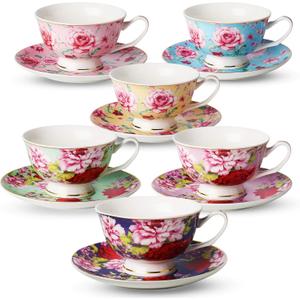 BTaT- Tea Cups and Saucers Set of 6, Floral (8oz) Porcelain Cups for Tea Part, Rose (Multicolor)