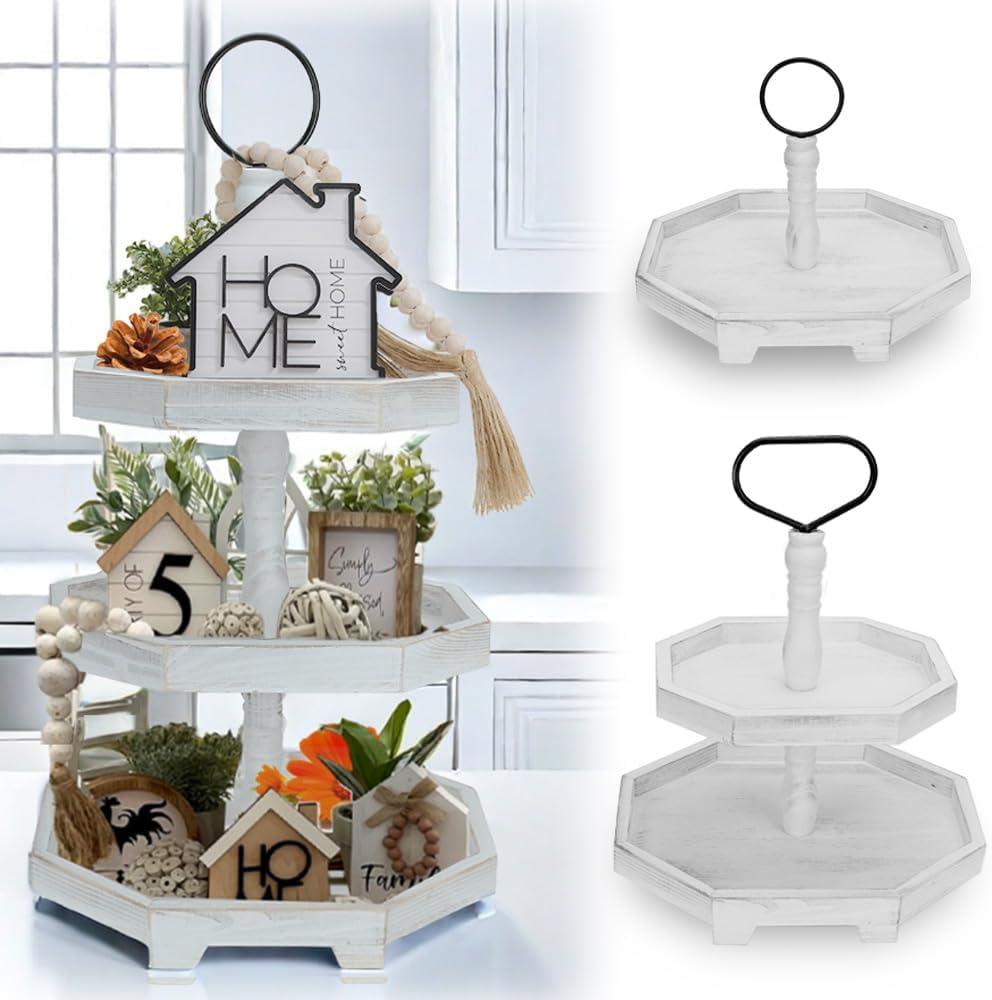 3 Tiered Tray Stand White Tier Serving Tray, Three Decorative Trays, Wooden Cupcake Stand 3 Tiered Farmhouse Tray for Home Decor(L 13.8 W 12.5 H 21.8)