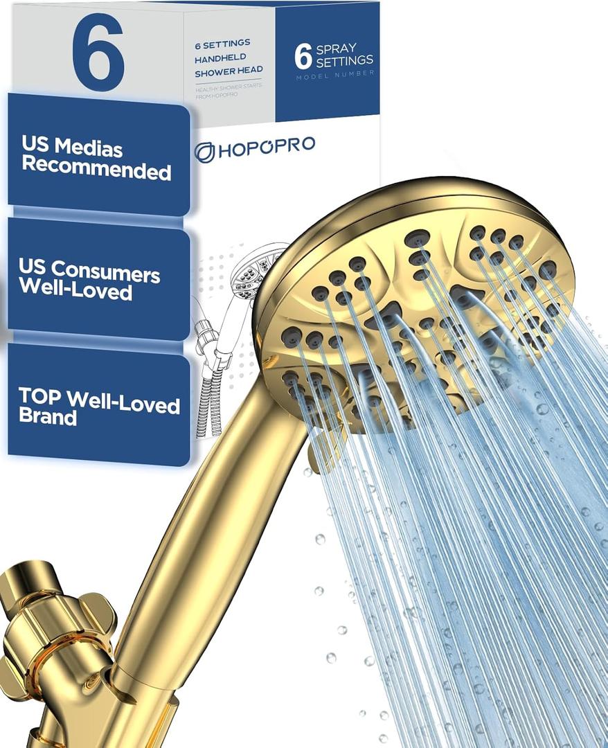 6-Mode High Pressure Handheld Shower Head Set, Consumer Reports Recommended HOPOPRO High Flow Hand Held Showerhead with 59 Inch Hose Bracket Teflon Tape Rubber Washers (Gold)