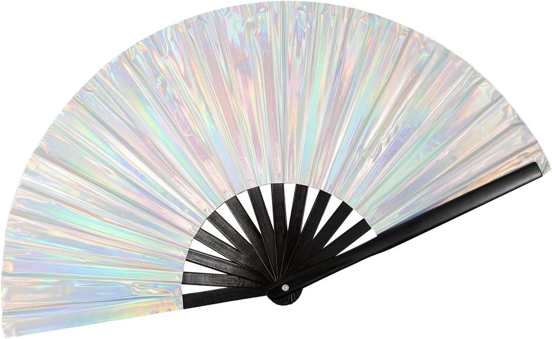 Silver Laser Rave Hand Fan,Large Folding Hand Rave Fan,Clack Handheld Fan for Party,Bamboo Holding Hand Fan Large Foldable Fan with Bright Color,Folding Fan for Festival,Rave Outfits for Women
