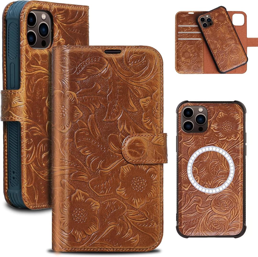 Leather case Compatible with iPhone 13 pro Max Wallet 6.7",Genuine Leather 2-in-1 Magnetic Detachable Shockproof,Flip Folio Cover with Card Slot, Wireless Charging [RFID Blocking] Brown