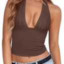 REORIA Women's Halter Tops Plunge Neck Backless Double Lined Sexy Going Out Crop Tops Summer Outfits 2026, X-Large (Brown)