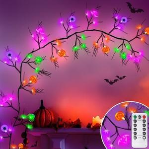 6Ft 54 LED Halloween Lights Up Willow Twig, 8 Modes Halloween Bats EyeBall Pumpkin Spider Lights Waterproof Battery Operated String Lights Indoor halloween Led Lights Decoration Wall Party Favor Decor