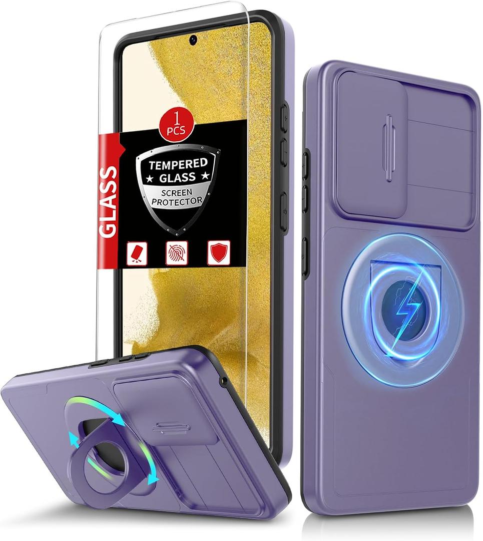 for Samsung Galaxy S22Plus Case Magnetic Compatible with MagSafe Wireless Charging,with Screen Protector,for S22+Plus Case with Stand Ring+Camera Cover Shockproof Heavy Duty Protection Purple