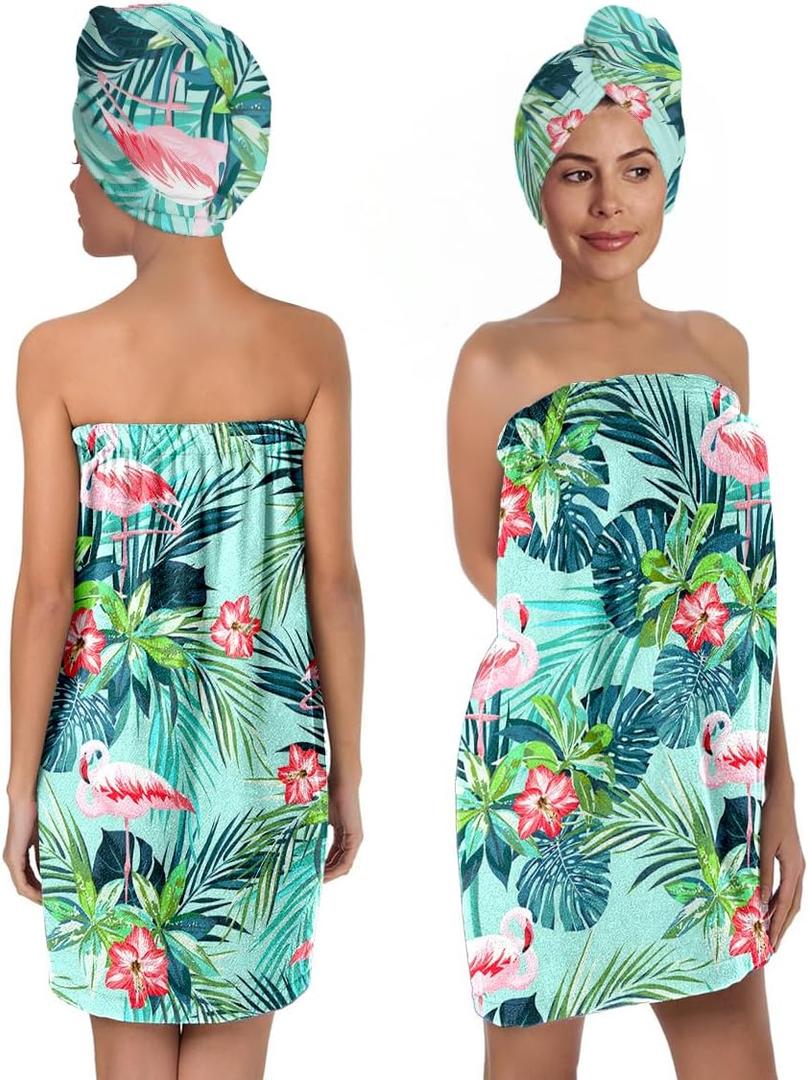 Flamingo Palm Leaves Print Body Bath Towel Wrap & Hair Towel Wrap for Women Girls, Soft Bath Shower Wrap & Hair Drying Towel Set, Quick Dry, Absorbent, Suitable for Spa, Shower, Bath, Gym, Pool, L