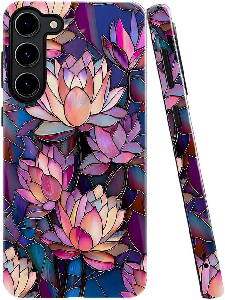 Case for Samsung Galaxy S23,Lotus Pink Flower Phone Case Drop Resistant Glossy 2 in 1 Solid Dual-Layer Cover for Girl Women