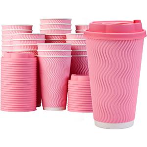 Pink Coffee Cups with Lids 16 oz [50 set] Disposable Double Insulated Paper Cup Hot Cold Drinks Tea Chocolate Large Travel No Leaks To Go Coffee Cup Pink Party Decorations Home Cafes Business Birthday