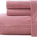 Nautica - Full Sheet Set, Lightweight & Breathable Cotton Percale Bedding Set with Matching Sham(s), Crisp & Cool Bedding Essentials, Oeko-Tex Certified (Penny Pinstripe Red, Full) (Queen)