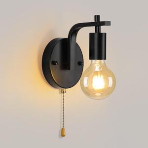 Black Wall Pull Chain Sconce with Switch Wall Lamp, Retro Wall Light E26 Industrial Wall Lighting Hard Wired Vintage Wall Lights for Bedroom Living Room Kitchen