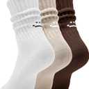 AugRing Women's Cute Scrunch Slouch Crew Socks 3Pack Retro Kawaii Chunky Ribbed Cotton Boot Sneaker Cozy Calf Socks Size 511 (White/Porpoise/Brown)
