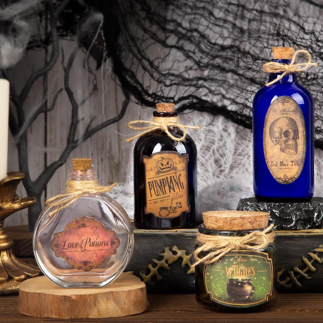 Potion Bottles Halloween Decoration, Set of 4 Glass Potion Bottles with Corks and 10 Halloween Bottle labels, Halloween Tiered Tray Decor, Halloween Decorations Indoor