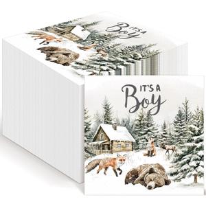 Tenceur 100 Pcs Winter It's a Boy Paper Napkins Forest Adventure Baby Shower Decorations Disposable Napkins Bear Fox Woodland House Shower Paper Towels for Boy Baby Party Supply Table Decor
