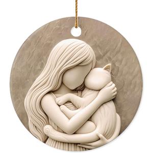 Christmas Ornament - Girl Hugging Cat Ceramic Ornament, Printed Ceramic Ornament, Not a Carved Sculpture, Gifts for Cat Lovers, Women, Girls, Friends