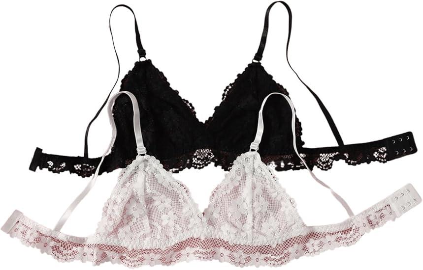 WDIRARA Women's 2 Piece Floral Lace Bralette Set Scallop Trim Soft Underwire Bras Lingerie Bralette Size S
