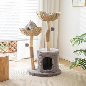 Cat Tree Tower, 46 inch Modern Cat Tree for Indoor Cats Large Adult, Luxury Cat Condo with Scratching Post, Real Solid Wood Branch Indoor Boho Furniture, Climbing Tower, Gray (Grey)
