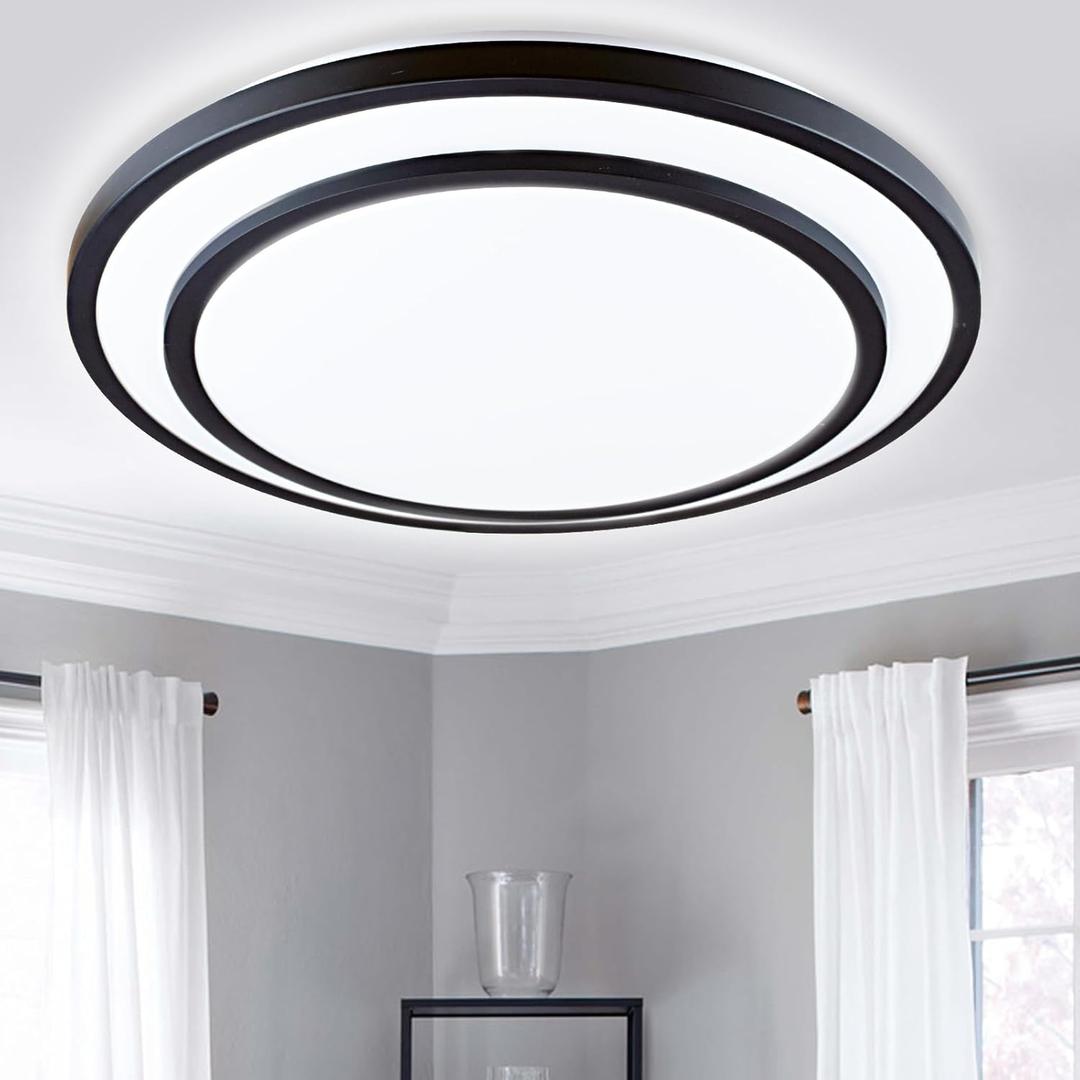 DLLT 48W Dimmable LED Ceiling Light Fixture Flush Surface Mount, 20 Inch Round Remote Control Lighting, 3 Light Color Changeable for Dining Room, Living Room, Bedroom, Office, Hotel (Black)