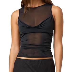 Women Sheer Mesh Tank Top Y2k Sleeveless See Through Ruched Tops, Small
