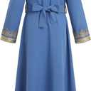 OBEEII Girls Muslim Ramadan Abaya Kids Long Sleeve V Neck Lace Prayer Dress Middle East Arabic Kaftan Dress with Belt, 10-11Y