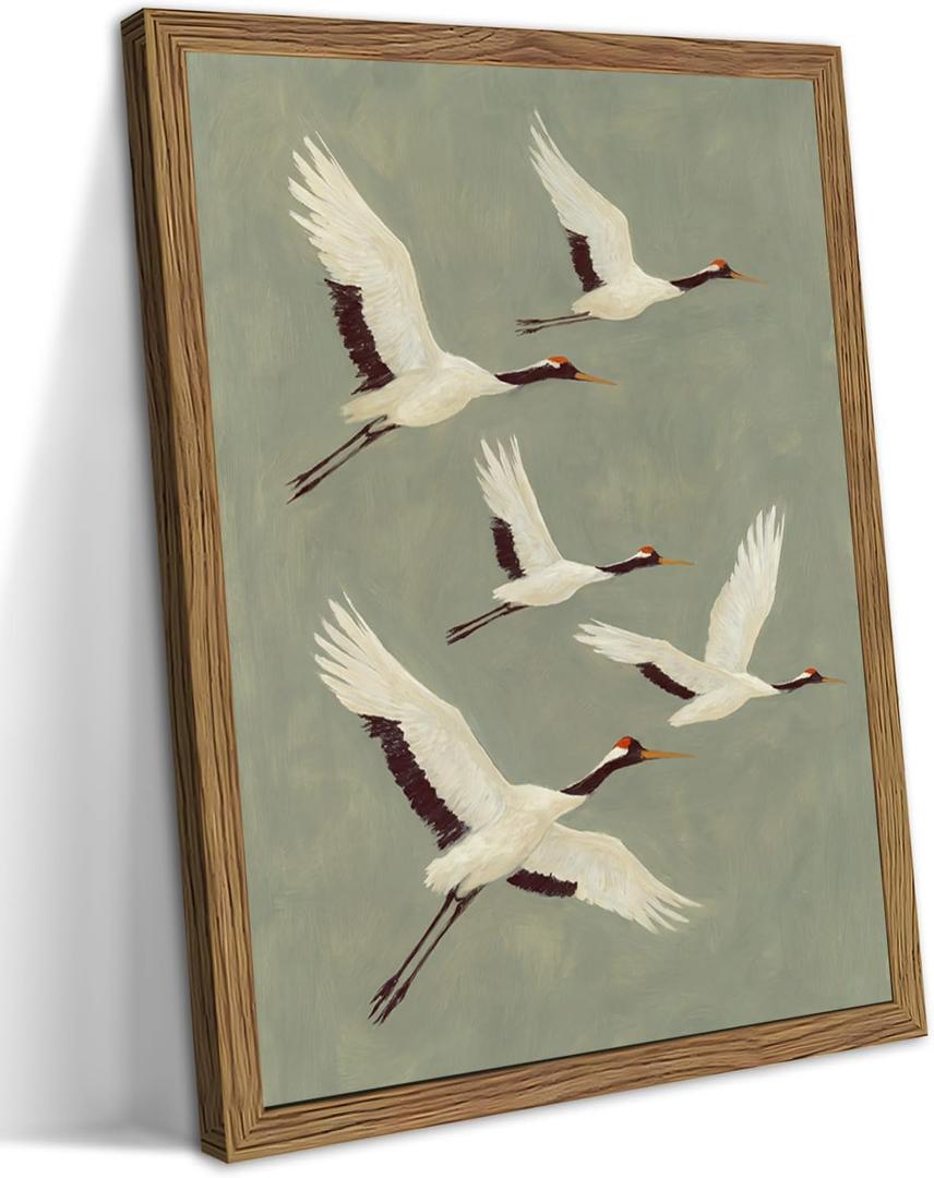 Framed Crane Bird Wall Art, Vintage Japanese Flying Cranes Canvas Print, Nature Animal Painting, Minimalist Zen Wall Decor for Living Room Bedroom Office, 16x24 Inches