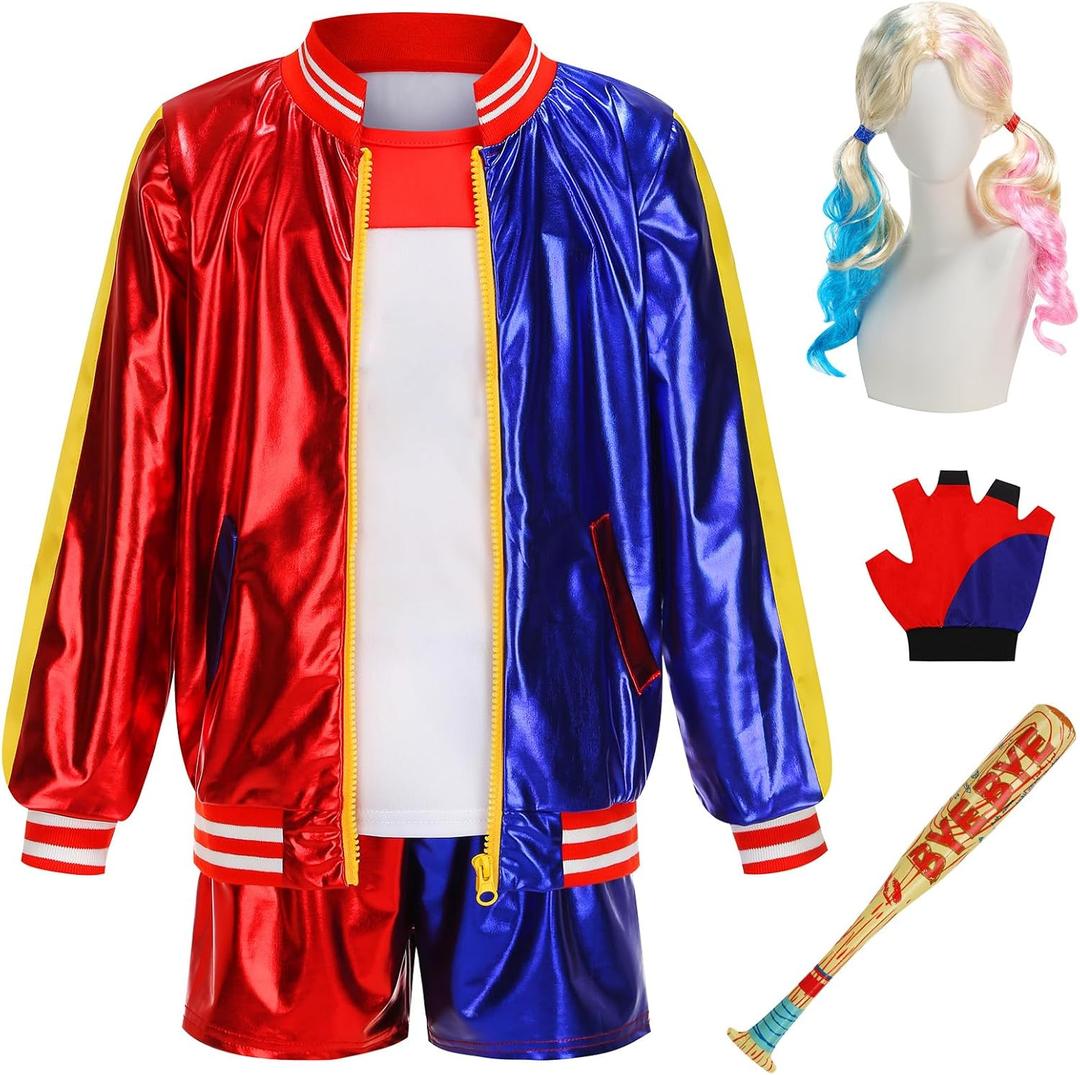 Costumes Set for Girls Kids' Halloween Cosplay Outfit with Jackets T-Shirt Shorts (140(7-8T), Red) M