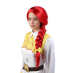 MUPUL Red Long Straight Wig With Braids Red Braided Wig Cosplay Halloween Costume Wigs For Women