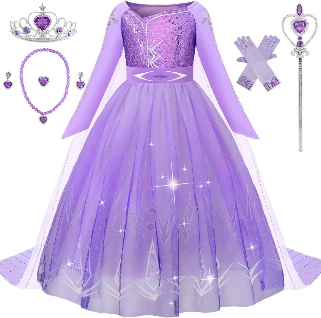 Princess Dress for Girls Purple Princess Dress Up Clothes with Accessories Halloween Snow Queen Party Cosplay (4T/110)