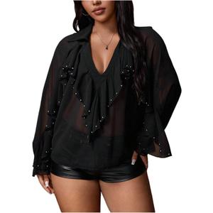 OYOANGLE Women's Plus Size Studded Ruffle Blouse Rave Tops Bishop Sleeve Deep V Neck Mesh Shirts (Black, 3XL)