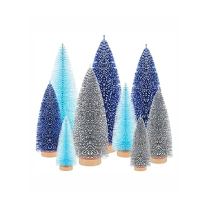 Leyndo 9 Pcs Pink Classic Artificial Mini Christmas Tree Sisal Bottle Brush Trees with Wood Base Christmas Pine Trees for Autumn Winter Holiday Home Kitchen Party Decor