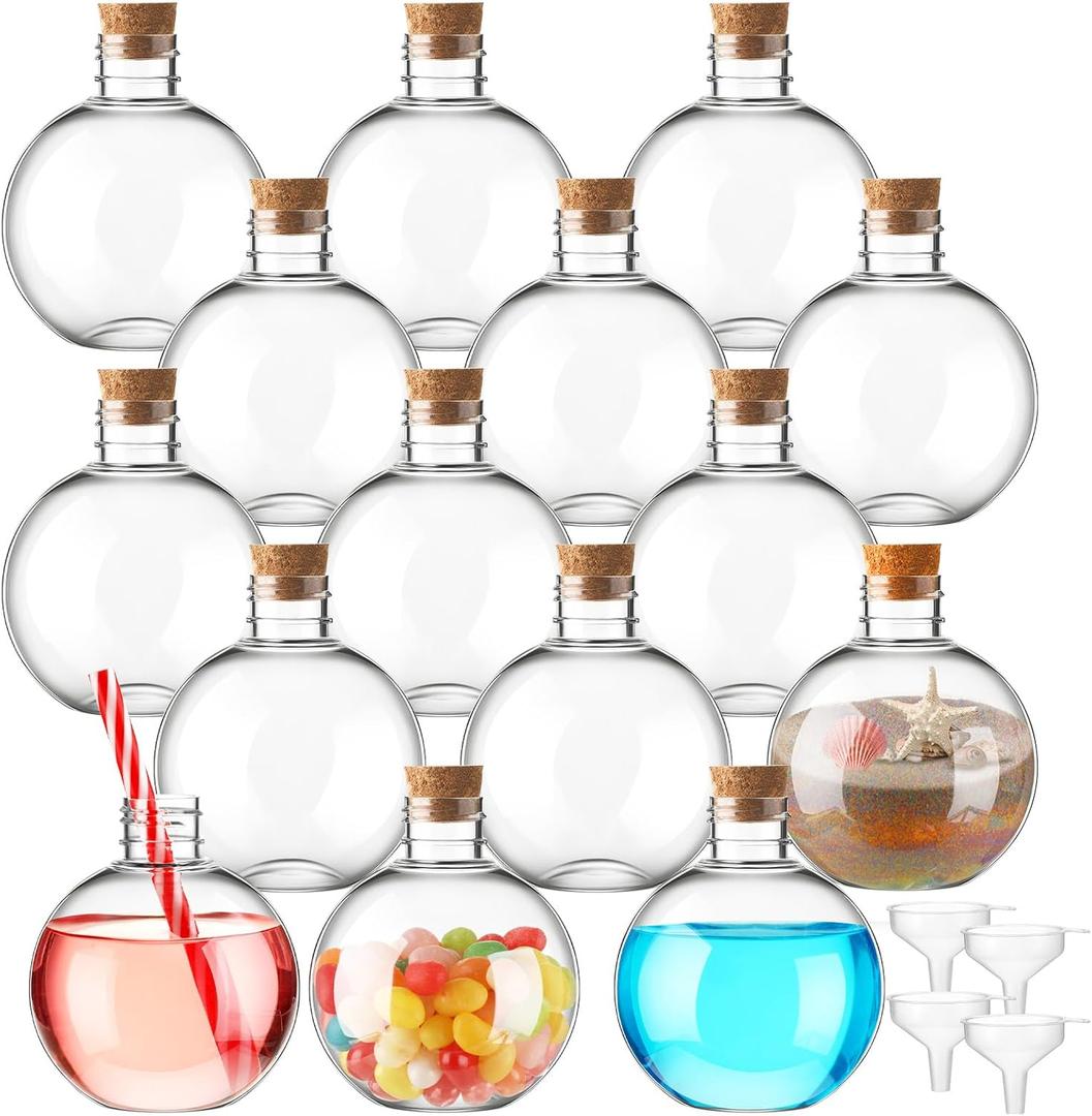 Jinei 15 Pcs 6 oz Spherical Plastic Potion Bottles Ball Shape Sand Art Bottles with Funnel Christmas Cocktail Ornament Balls Candy Jar for DIY Wedding Party Crafts Decoration, (Wood Color, Cork) 