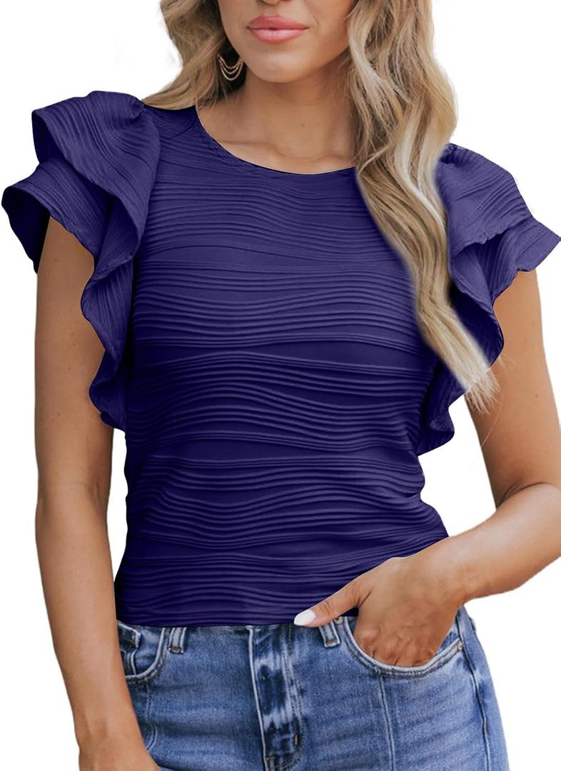 SHEWIN Womens Tops Casual Crewneck Ruffle Short Sleeve T Shirts Slim Fit Dressy Blouses (Medium, D Dark Blue)