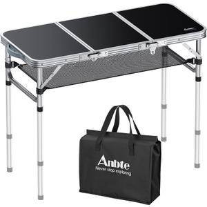 Anbte Folding Camping Table with Storage Net, 3ft Camping Table Aluminum Folding Table with 3 Adjustable Height Max 27.1 Inch Picnic Table Portable Table for Outdoor Backyard BBQ, Black