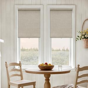 Cordless Roller Shades Blackout Blinds for French Door Room Darkening Rolled Up Shades with Linen Valance, UV Protection Narrow Window Shades Blinds for Bedroom Home and Office Beige 24" W x 72" H