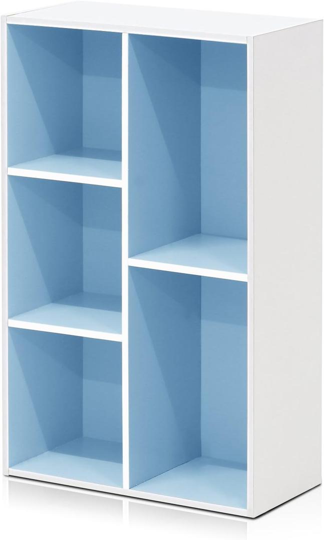 Furinno LUDER Book Shelf, 5-Cube Bookshelf, Reversible Bookcase, 9.4 x 19.5 x 31.5, Easy Assembly, for Living Room, Bedroom, Home Office, White/Light Blue