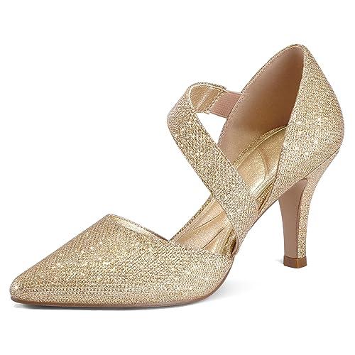 mysoft Women's Pointed Toe Low Stiletto Heel Dress Pumps Shoes - Gold-Glitter, Size 8W