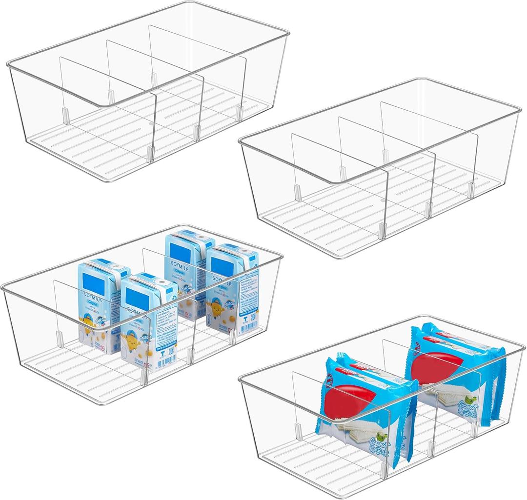 Vtopmart 4 Pack Food Storage Organizer Bins, Clear Plastic Bins for Pantry, Kitchen, Fridge, Cabinet Organization and Storage, 4 Compartment Holder Packets, Snacks, Pouches, Spice Packets